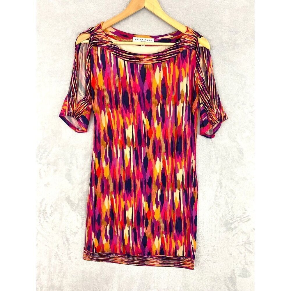 Trina Turk Corsica Shift Dress Womens Sz 6 Orange‎ Pink Multicolor Cold Shoulder